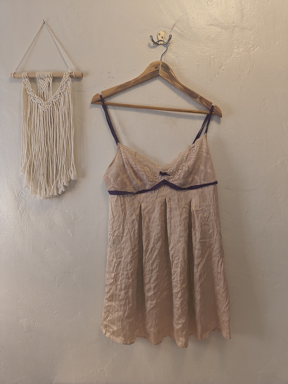 Blush/Cream Silk Blend Lace Babydoll Chemise Purple Trim L - Picture 1 of 8